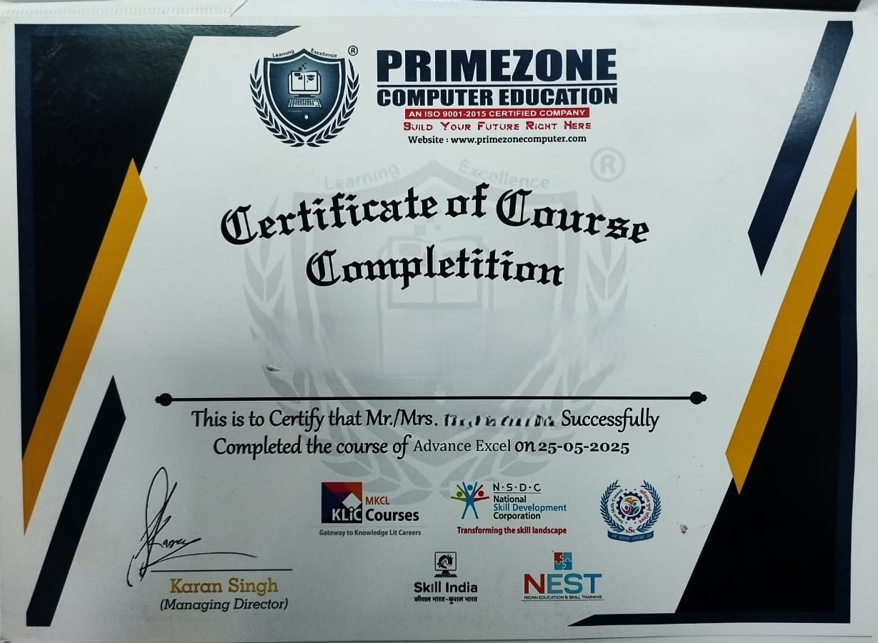 Certificate for Primezone Certificate
